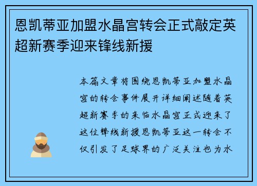 恩凯蒂亚加盟水晶宫转会正式敲定英超新赛季迎来锋线新援