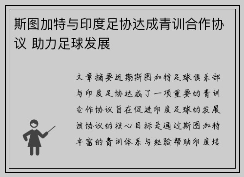 斯图加特与印度足协达成青训合作协议 助力足球发展